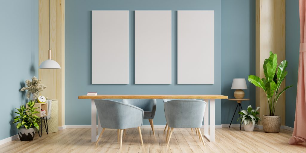 Light Blue dining room with live plants